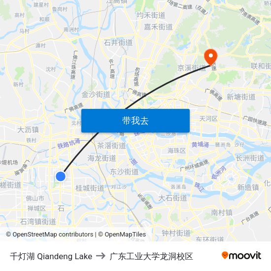 千灯湖 Qiandeng Lake to 广东工业大学龙洞校区 map