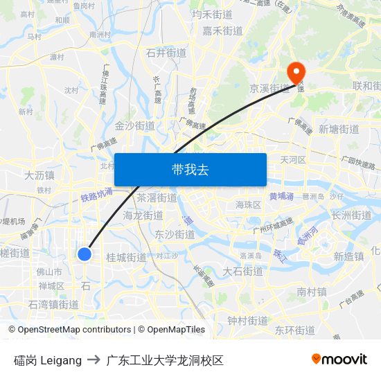 礌岗 Leigang to 广东工业大学龙洞校区 map