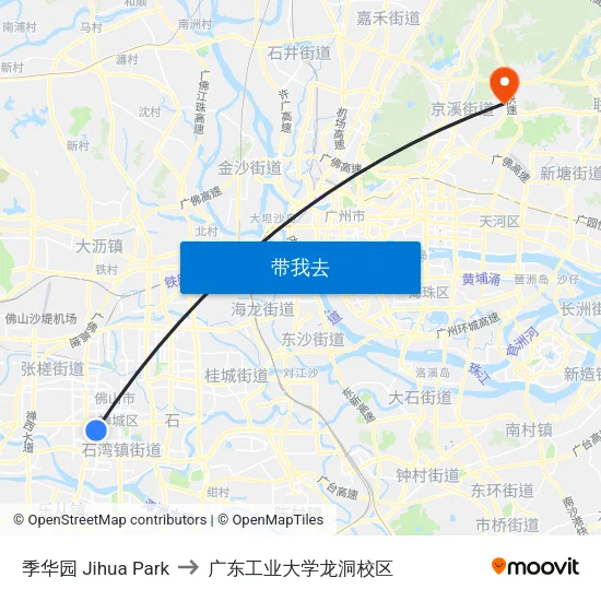 季华园 Jihua Park to 广东工业大学龙洞校区 map