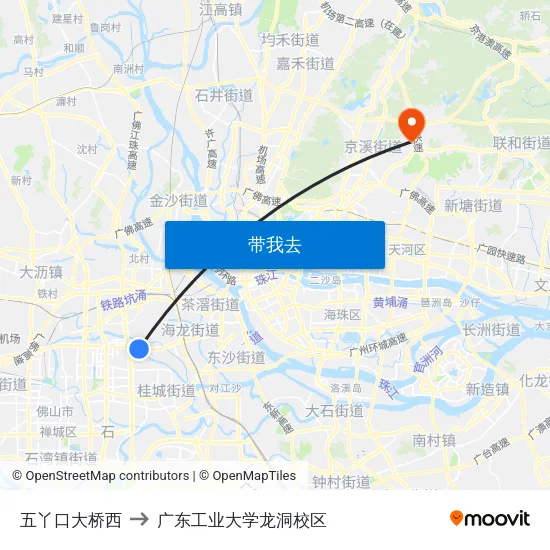 五丫口大桥西 to 广东工业大学龙洞校区 map