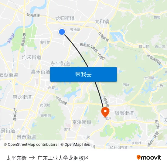 太平东街 to 广东工业大学龙洞校区 map