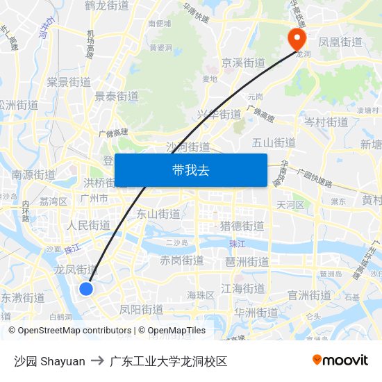 沙园 Shayuan to 广东工业大学龙洞校区 map