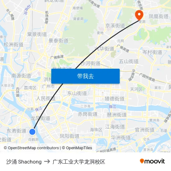 沙涌 Shachong to 广东工业大学龙洞校区 map