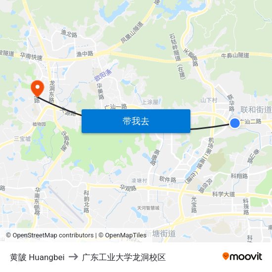 黄陂 Huangbei to 广东工业大学龙洞校区 map