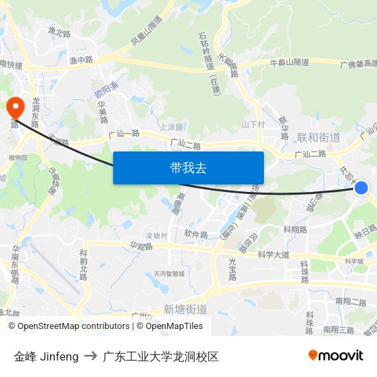 金峰 Jinfeng to 广东工业大学龙洞校区 map