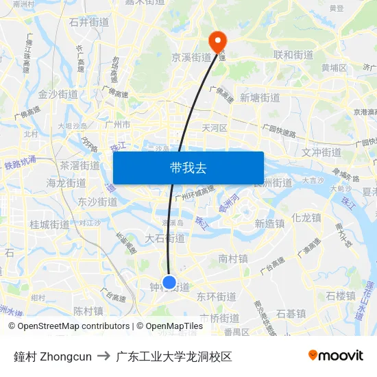 鐘村 Zhongcun to 广东工业大学龙洞校区 map