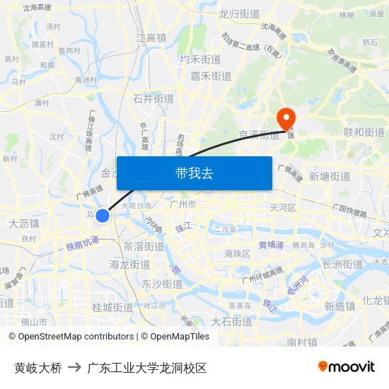 黄岐大桥 to 广东工业大学龙洞校区 map