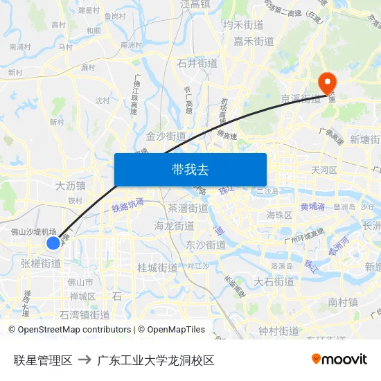 联星管理区 to 广东工业大学龙洞校区 map