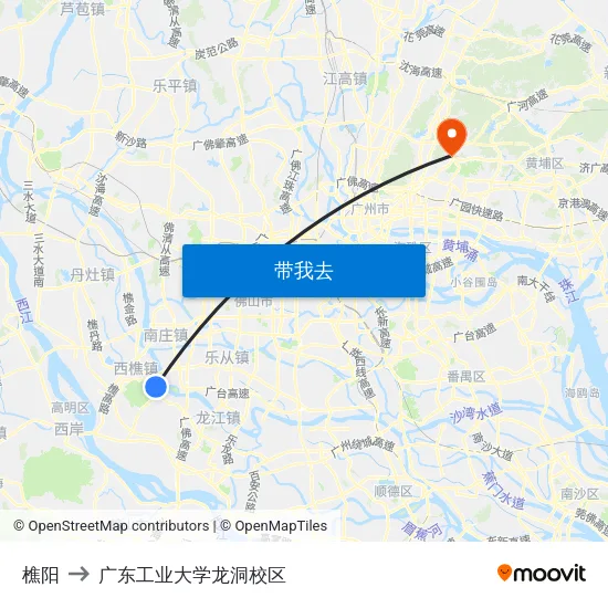 樵阳 to 广东工业大学龙洞校区 map