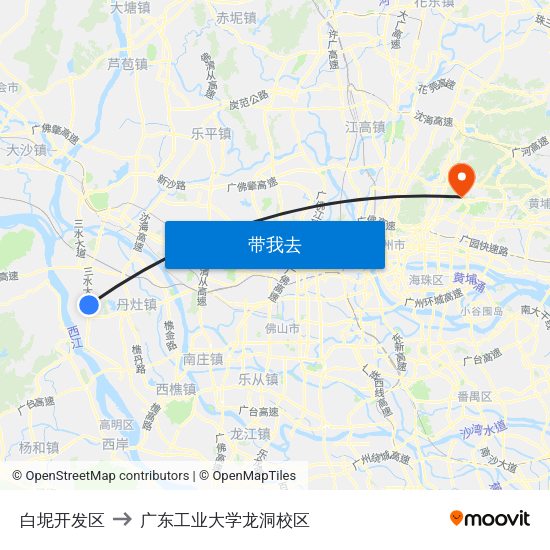 白坭开发区 to 广东工业大学龙洞校区 map