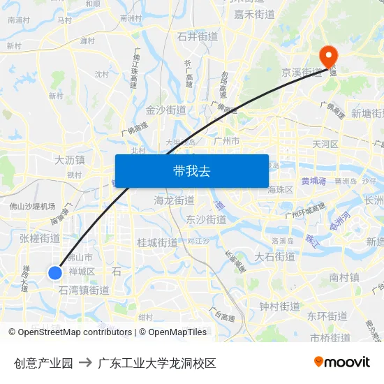 创意产业园 to 广东工业大学龙洞校区 map