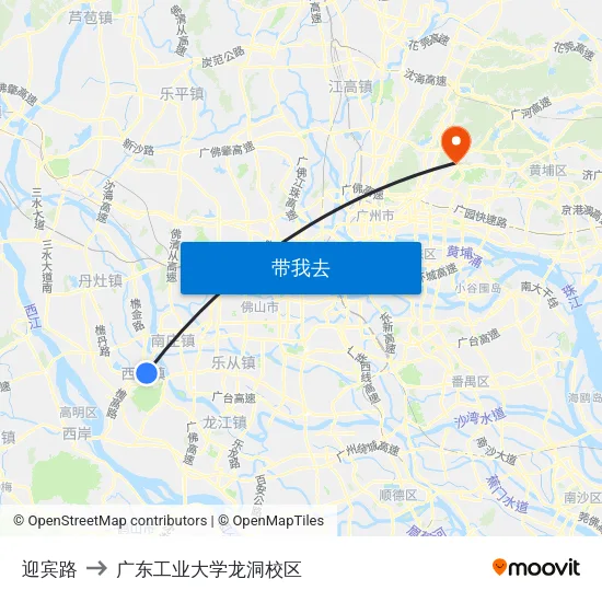 迎宾路 to 广东工业大学龙洞校区 map
