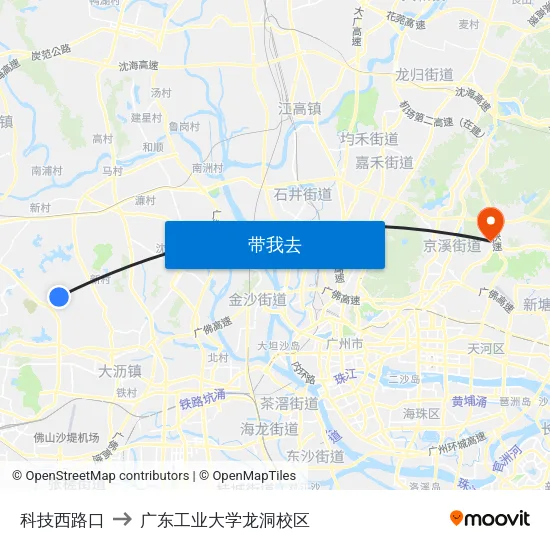 科技西路口 to 广东工业大学龙洞校区 map
