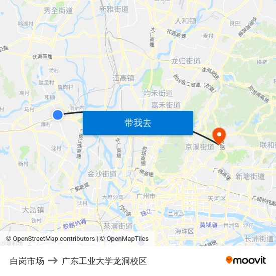 白岗市场 to 广东工业大学龙洞校区 map