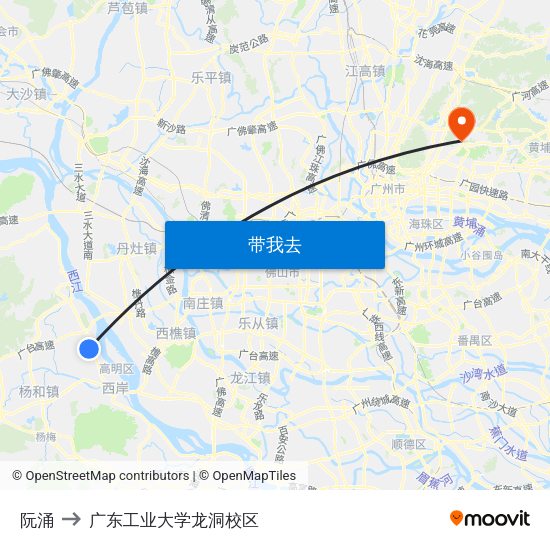 阮涌 to 广东工业大学龙洞校区 map
