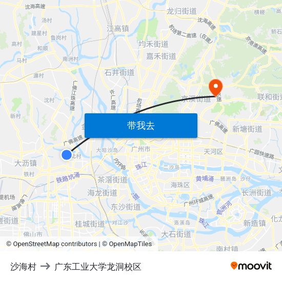 沙海村 to 广东工业大学龙洞校区 map