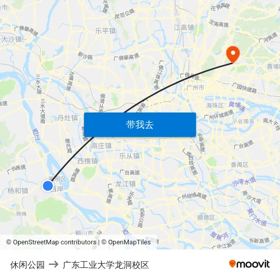休闲公园 to 广东工业大学龙洞校区 map