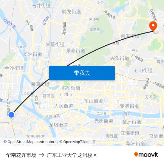 华南花卉市场 to 广东工业大学龙洞校区 map