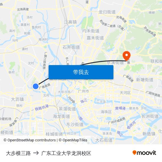 大步横三路 to 广东工业大学龙洞校区 map