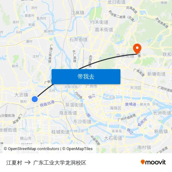 江夏村 to 广东工业大学龙洞校区 map
