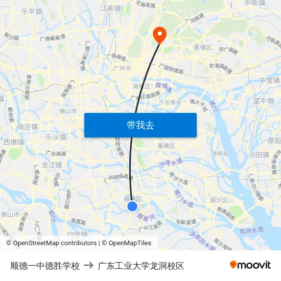 顺德一中德胜学校 to 广东工业大学龙洞校区 map