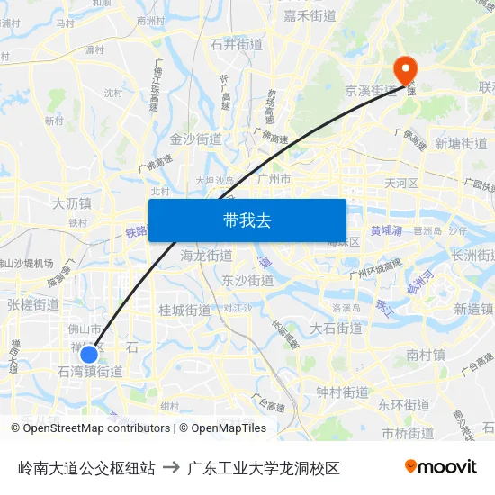 岭南大道公交枢纽站 to 广东工业大学龙洞校区 map