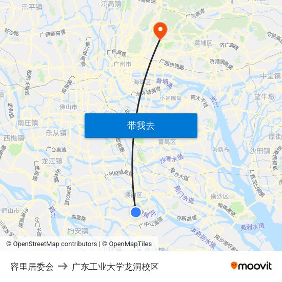 容里居委会 to 广东工业大学龙洞校区 map