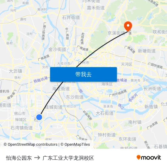 怡海公园东 to 广东工业大学龙洞校区 map