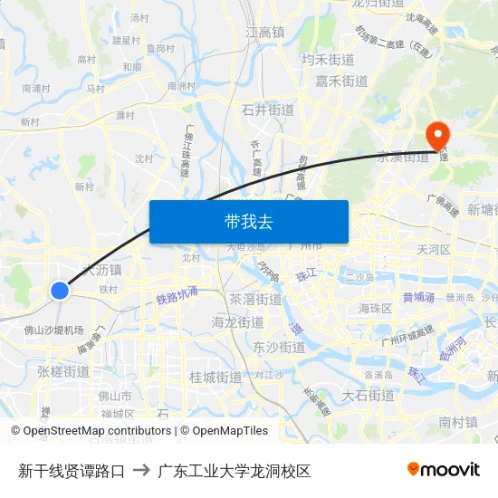 新干线贤谭路口 to 广东工业大学龙洞校区 map