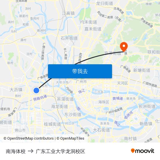 南海体校 to 广东工业大学龙洞校区 map