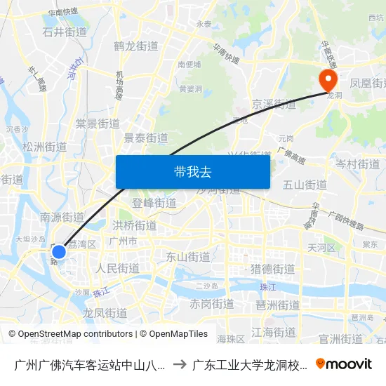 广州广佛汽车客运站中山八路 to 广东工业大学龙洞校区 map