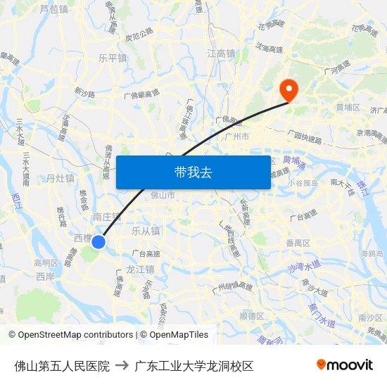 佛山第五人民医院 to 广东工业大学龙洞校区 map