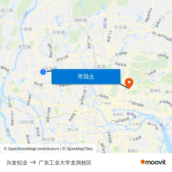 兴发铝业 to 广东工业大学龙洞校区 map