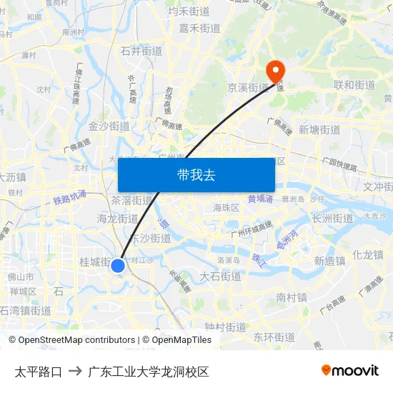 太平路口 to 广东工业大学龙洞校区 map