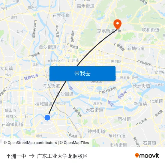 平洲一中 to 广东工业大学龙洞校区 map