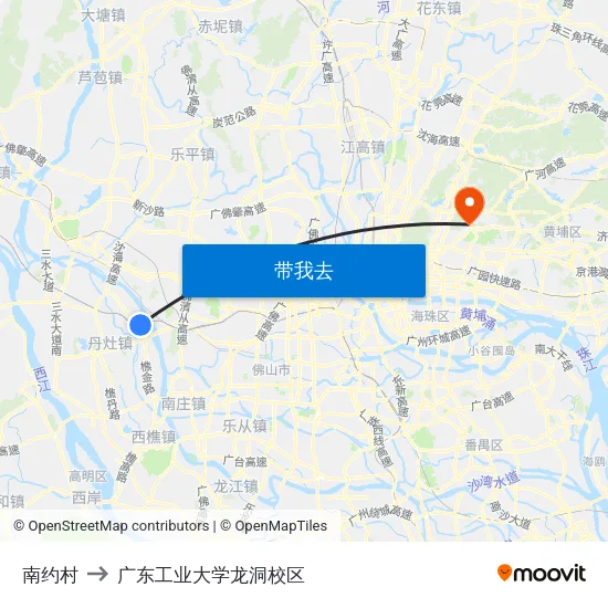 南约村 to 广东工业大学龙洞校区 map