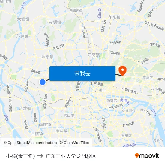 小榄(金三角) to 广东工业大学龙洞校区 map