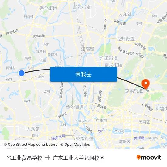 省工业贸易学校 to 广东工业大学龙洞校区 map