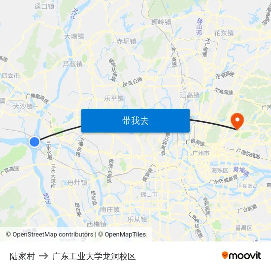 陆家村 to 广东工业大学龙洞校区 map