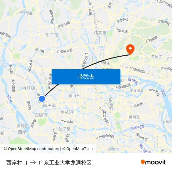 西岸村口 to 广东工业大学龙洞校区 map