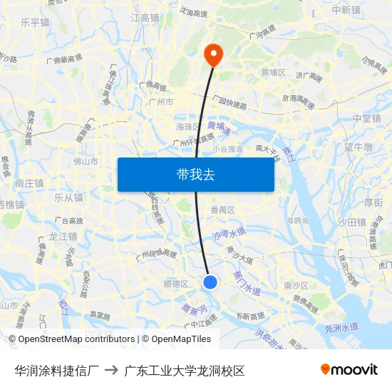 华润涂料捷信厂 to 广东工业大学龙洞校区 map