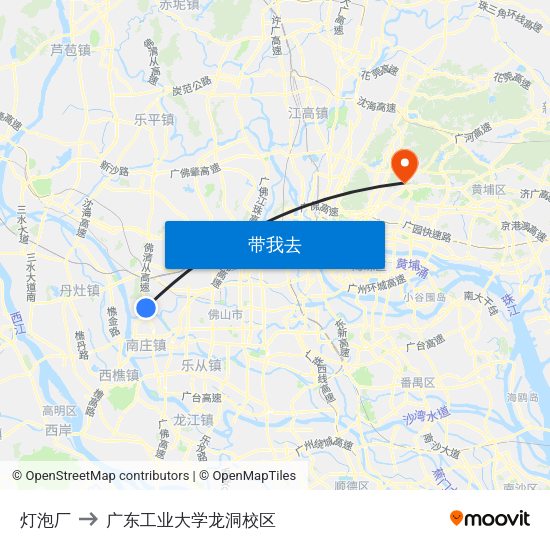 灯泡厂 to 广东工业大学龙洞校区 map
