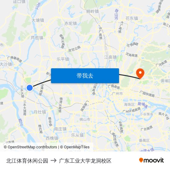 北江体育休闲公园 to 广东工业大学龙洞校区 map