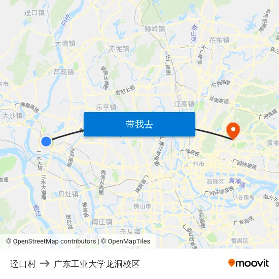 迳口村 to 广东工业大学龙洞校区 map