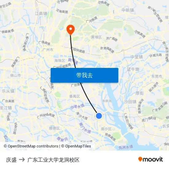 庆盛 to 广东工业大学龙洞校区 map