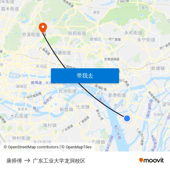 康师傅 to 广东工业大学龙洞校区 map