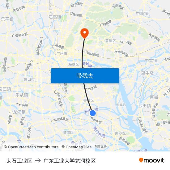 太石工业区 to 广东工业大学龙洞校区 map