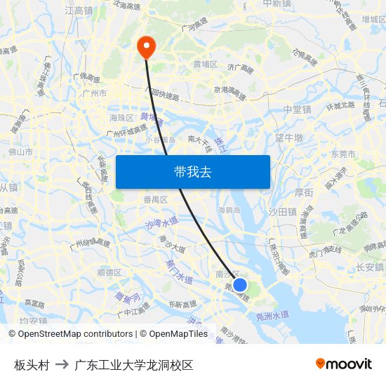 板头村 to 广东工业大学龙洞校区 map