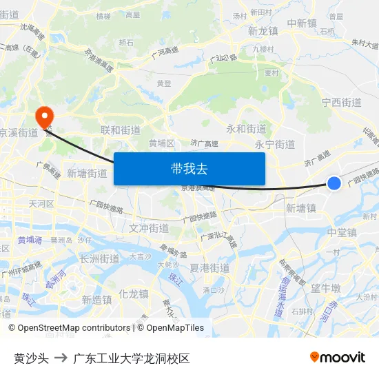 黄沙头 to 广东工业大学龙洞校区 map
