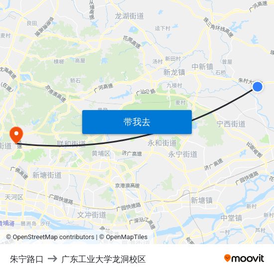 朱宁路口 to 广东工业大学龙洞校区 map